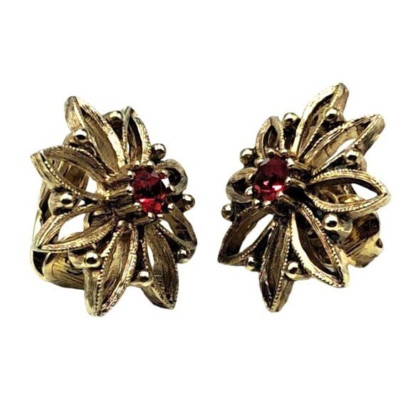 Vintage Gold Tone Flower Earrings Clip-On With Red Rhinestone Center Costume - Picture 3 of 6